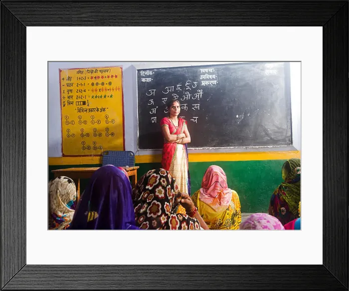 Framed Print : indian rural Villager group crowds womans Classroom Studying