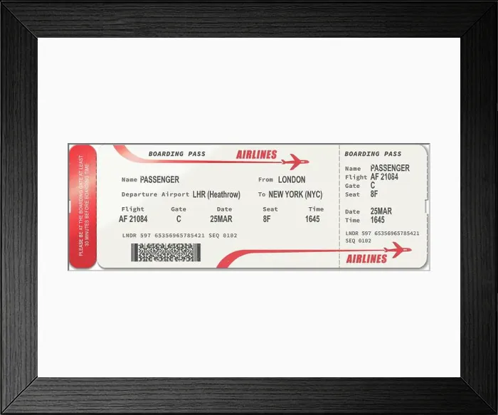 Framed Print : Airlines boarding pass isolated ticket template. Vector passenger card, travel document from London to New York Framed Print : Airlines boarding pass isolated ticket template. Vector passenger card, travel document from London to New York