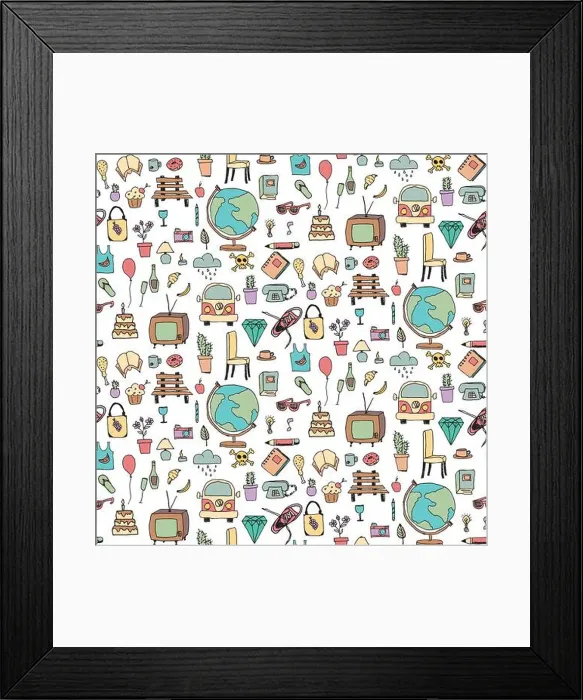 Framed Print : Everyday things, handdrawn, colorful, seamless pattern, vector illustration Framed Print : Everyday things, handdrawn, colorful, seamless pattern, vector illustration