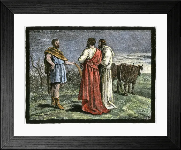 Framed Print : Cincinnatus on his farm accepting dictatorship of Rome from the Senate 458 BC. Hand-colored woodcut Framed Print : Cincinnatus on his farm accepting dictatorship of Rome from the Senate 458 BC. Hand-colored woodcut