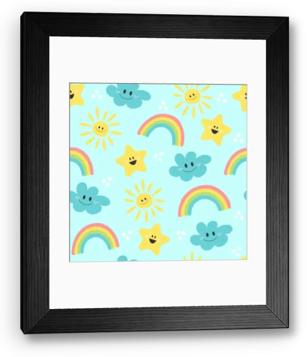 Framed Print : Cute cartoon sun, rainbow, cloud and star - seamless pattern background on blue. Pattern for kids design