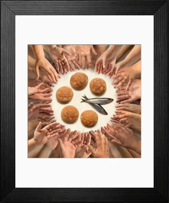 Framed Print : Five small barley loaves and two small fish for many hands Framed Print : Five small barley loaves and two small fish for many hands