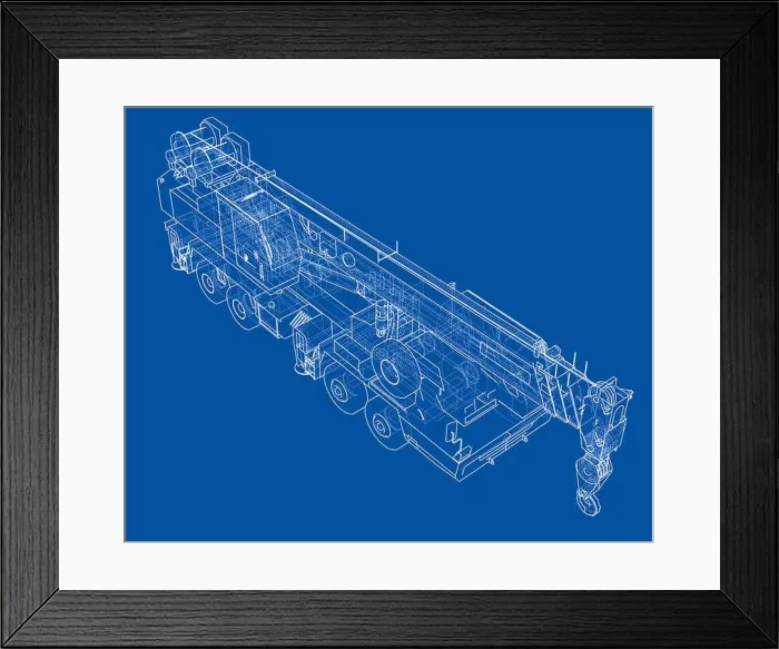 Framed Print : Mobile crane blueprint. 3d illustration. Wire-frame style