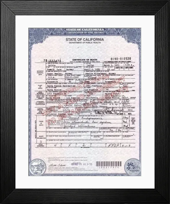 Framed Print : Sylvia of Hollywood death certificate Framed Print : Sylvia of Hollywood death certificate