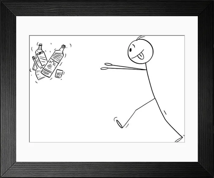 Framed Print : Vector cartoon stick figure drawing conceptual illustration of addicted man trying to get bottles of hard liquor or Framed Print : Vector cartoon stick figure drawing conceptual illustration of addicted man trying to get bottles of hard liquor or