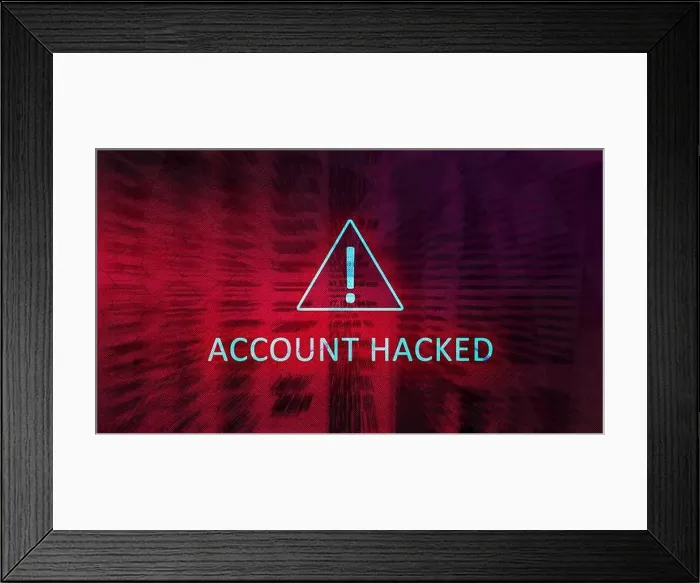 Framed Print : Account hacked concept with exclamation mark in warning triangle on red background Framed Print : Account hacked concept with exclamation mark in warning triangle on red background
