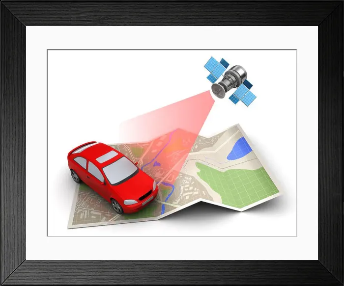 Framed Print : 3d illustration of car location tracking with satellite navigation Framed Print : 3d illustration of car location tracking with satellite navigation