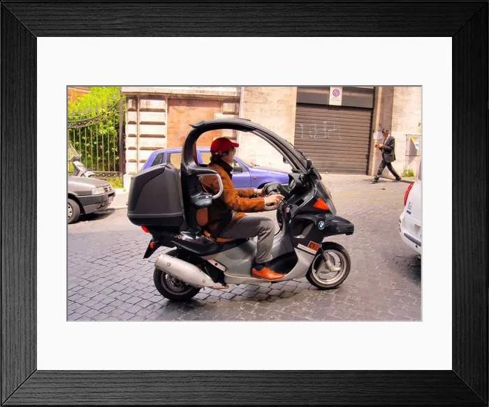 Framed Print : motorbike / moped with roof top, Rome, Italy Framed Print : motorbike / moped with roof top, Rome, Italy