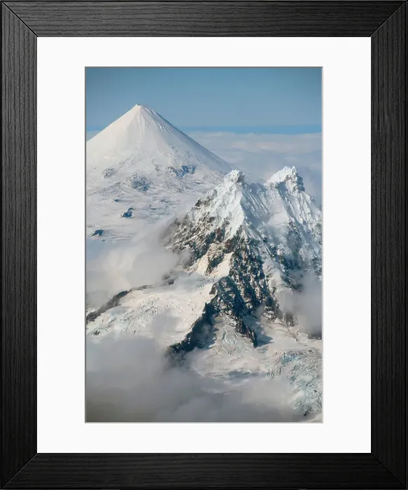 Framed Print : Aerial view of conical snow-covered Shishaldin Volcano, with Isanotski in foreground, Unimak Island, Alaska, USA Framed Print : Aerial view of conical snow-covered Shishaldin Volcano, with Isanotski in foreground, Unimak Island, Alaska, USA