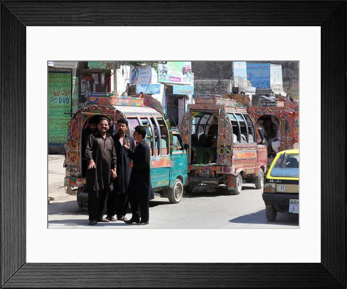 Framed Print : Colorful decorated mini busses, taxi cabs, public transport in Rawalpindi, Pakistan Framed Print : Colorful decorated mini busses, taxi cabs, public transport in Rawalpindi, Pakistan