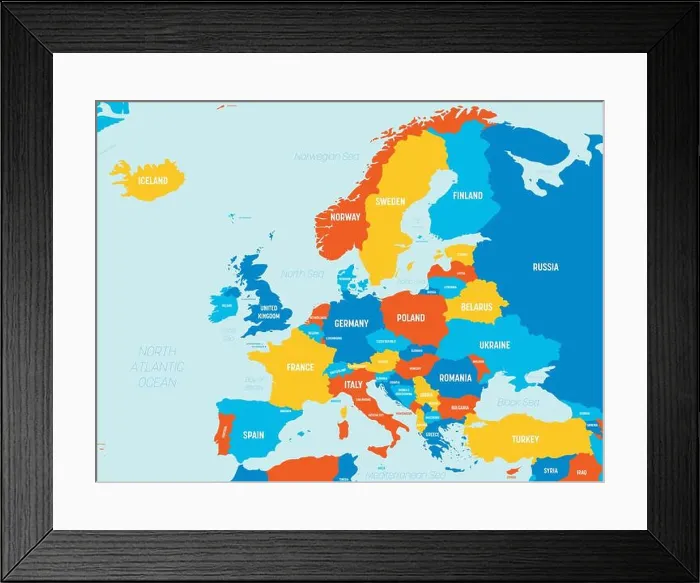 Framed Print : Europe map - 4 bright color scheme