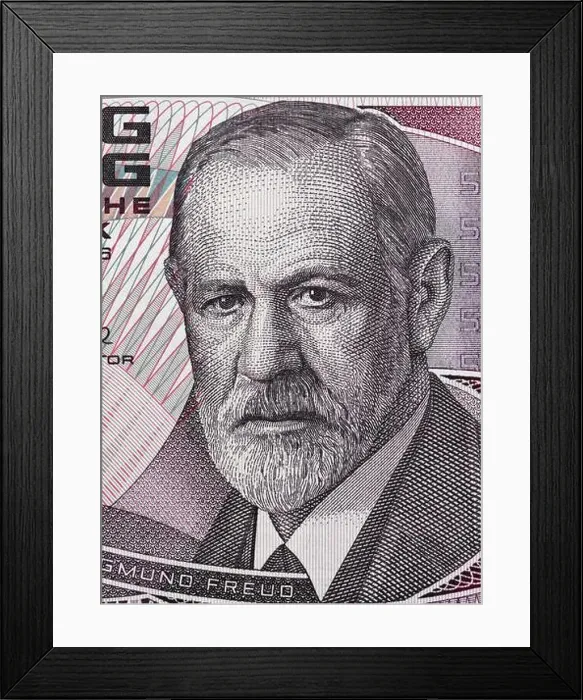 Framed Print : Sigmund Freud portrait on Austria 50 schilling banknote closeup macro Framed Print : Sigmund Freud portrait on Austria 50 schilling banknote closeup macro