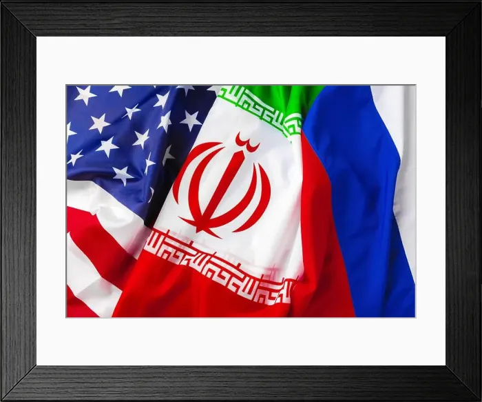 Framed Print : Flags of Iran, USA and Russia together Framed Print : Flags of Iran, USA and Russia together