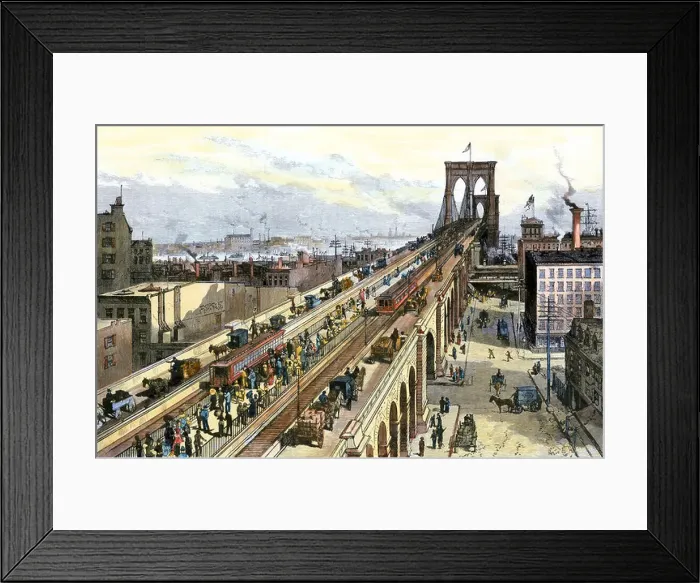 Framed Print : Traffic on the Brooklyn Bridge seen from the Manhattan side just after it opened in 1883. Hand-colored woodcut Framed Print : Traffic on the Brooklyn Bridge seen from the Manhattan side just after it opened in 1883. Hand-colored woodcut