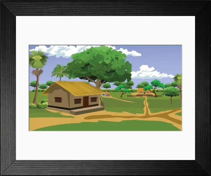 Framed Print : Indian village background for cartoon animation. Asian rural village hut landscape. Village road cottage Framed Print : Indian village background for cartoon animation. Asian rural village hut landscape. Village road cottage