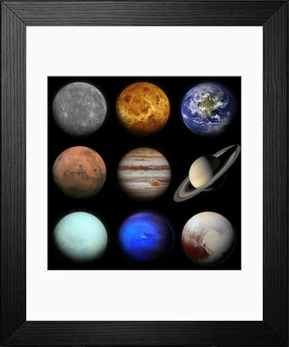 Framed Print : Solar system. Planets on black background. Sun, Mercury, Venus, Earth, Mars, Jupiter, Saturn, Uranus, Neptune, Pluto Framed Print : Solar system. Planets on black background. Sun, Mercury, Venus, Earth, Mars, Jupiter, Saturn, Uranus, Neptune, Pluto