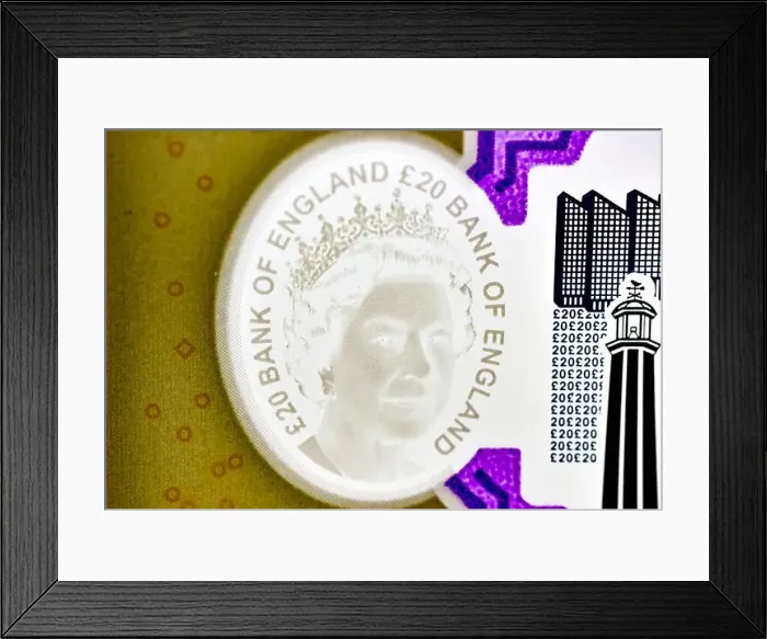 Framed Print : Polymer UK £20 note. Close up of a hologram showing the queens head