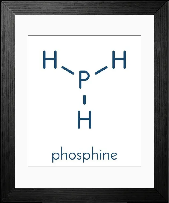 Framed Print : Phosphine (phosphane, PH3) molecule. Used as reagent in chemistry and as fumigant in agriculture. Skeletal formula Framed Print : Phosphine (phosphane, PH3) molecule. Used as reagent in chemistry and as fumigant in agriculture. Skeletal formula