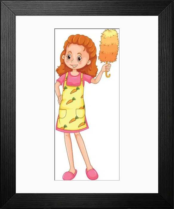 Framed Print : Woman with apron and duster illustration Framed Print : Woman with apron and duster illustration