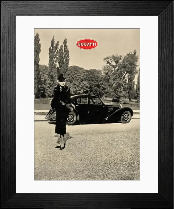 Framed Print : Bugatti (c.1930s). Vintage car - Old Advertising Poster for Bugatti, feat. a dressed up lady Framed Print : Bugatti (c.1930s). Vintage car - Old Advertising Poster for Bugatti, feat. a dressed up lady