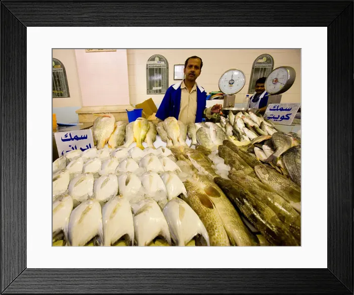 Framed Print : Stall-holder in Kuwait indoor Fish Market Framed Print : Stall-holder in Kuwait indoor Fish Market