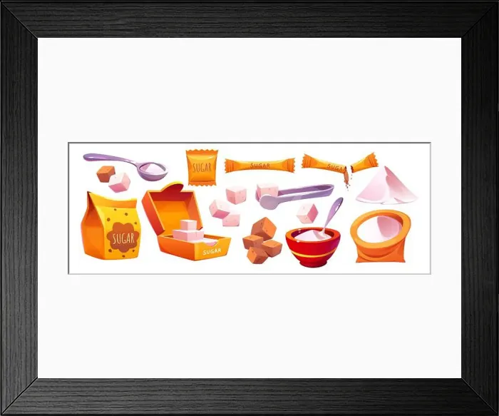 Framed Print : Cartoon set of sugar in different packages isolated on white background Framed Print : Cartoon set of sugar in different packages isolated on white background
