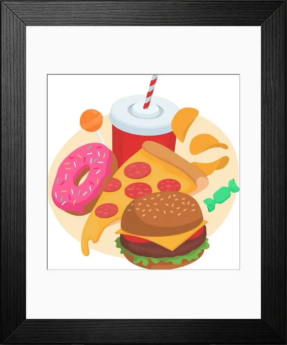 Framed Print : Unhealthy fast food, snacks and take away soft drink: diet and nutrition concept Framed Print : Unhealthy fast food, snacks and take away soft drink: diet and nutrition concept