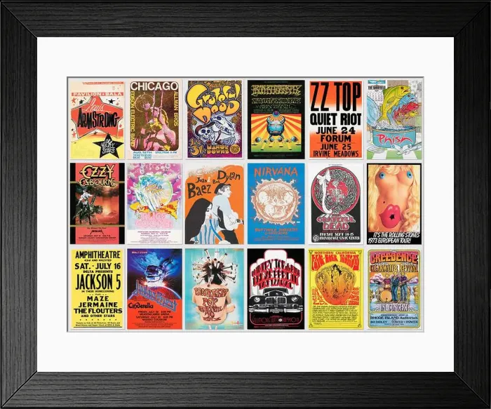 Framed Print : Collection of old real rock, pop and jazz music concert posters, collection of authentic vintage music designs Framed Print : Collection of old real rock, pop and jazz music concert posters, collection of authentic vintage music designs