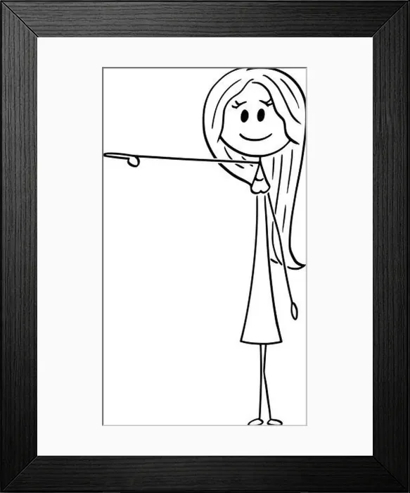 Framed Print : Vector cartoon stick figure drawing conceptual illustration of young attractive woman showing or pointing at something Framed Print : Vector cartoon stick figure drawing conceptual illustration of young attractive woman showing or pointing at something