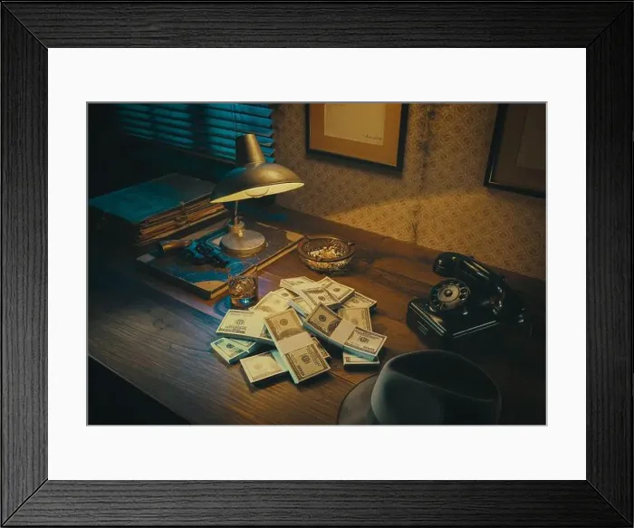 Framed Print : 1950s film noir style desktop with revolver and cash money: crime, gangsters and thriller concept Framed Print : 1950s film noir style desktop with revolver and cash money: crime, gangsters and thriller concept