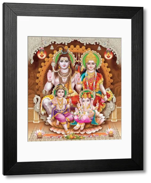 Framed Print : Shiva Parvati Family Picture with little Ganesha and Kartika Framed Print : Shiva Parvati Family Picture with little Ganesha and Kartika