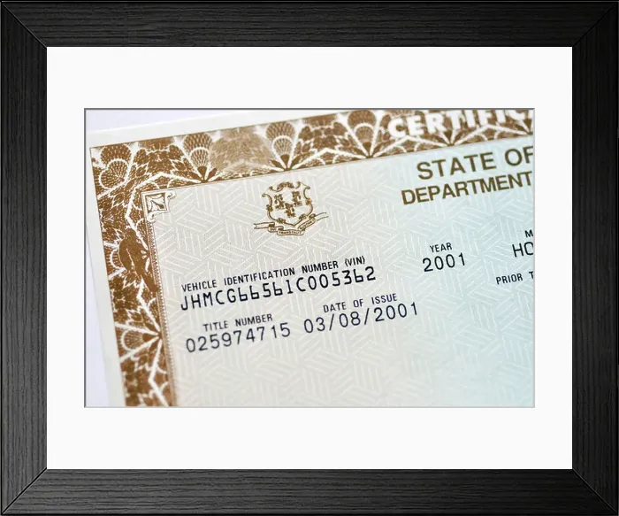 Framed Print : Car title certificate, USA Framed Print : Car title certificate, USA
