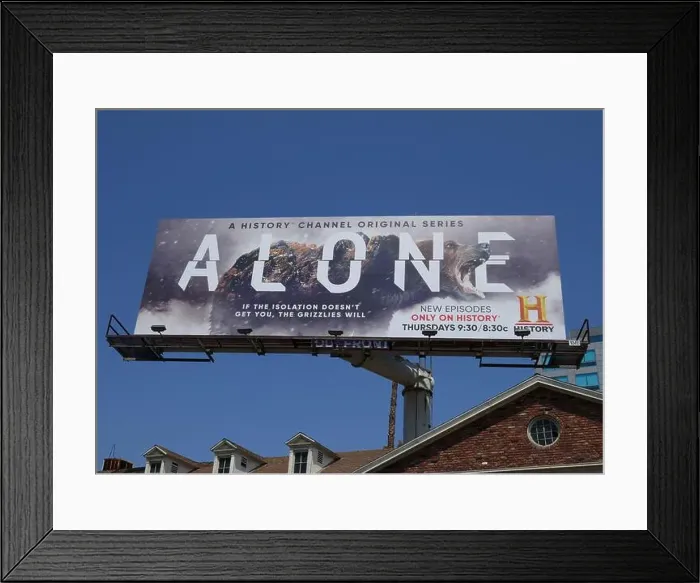 Framed Print : Los Angeles, California, USA 16th July 2021 A general view of atmosphere of Alone History Channel billboard on July 16 Framed Print : Los Angeles, California, USA 16th July 2021 A general view of atmosphere of Alone History Channel billboard on July 16