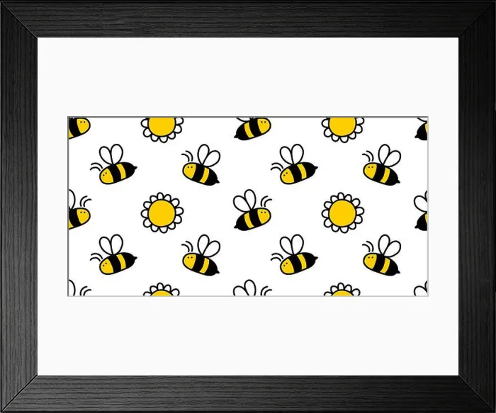 Framed Print : Small cute honey bee and flower hand drawn seamless background, vector drawing Framed Print : Small cute honey bee and flower hand drawn seamless background, vector drawing