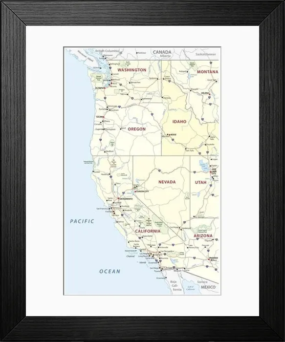 Framed Print : Roads, political and administrative map of the Western United States of America with National Parks Framed Print : Roads, political and administrative map of the Western United States of America with National Parks