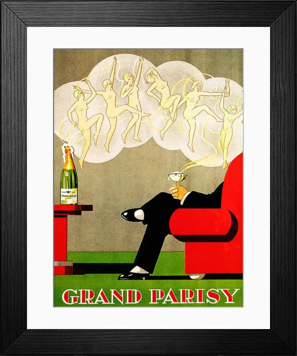 Framed Print : Grand Parisy, 1930 Art Deco poster for the French champagne, whose bubbles transform into a string of dancing girls Framed Print : Grand Parisy, 1930 Art Deco poster for the French champagne, whose bubbles transform into a string of dancing girls