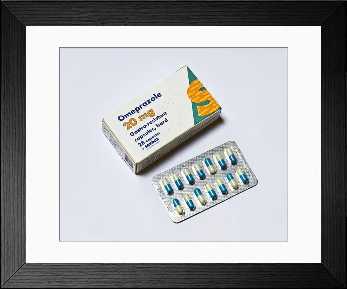 Framed Print : Pack of Omeprazole 20mg Gastro-resistant capsules, hard. 28 capsules. Sandoz. a Novartis company Framed Print : Pack of Omeprazole 20mg Gastro-resistant capsules, hard. 28 capsules. Sandoz. a Novartis company