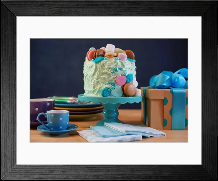 Framed Print : Happy Fathers Day or masculine birthday party table with showstopper cake decorated with candy Framed Print : Happy Fathers Day or masculine birthday party table with showstopper cake decorated with candy