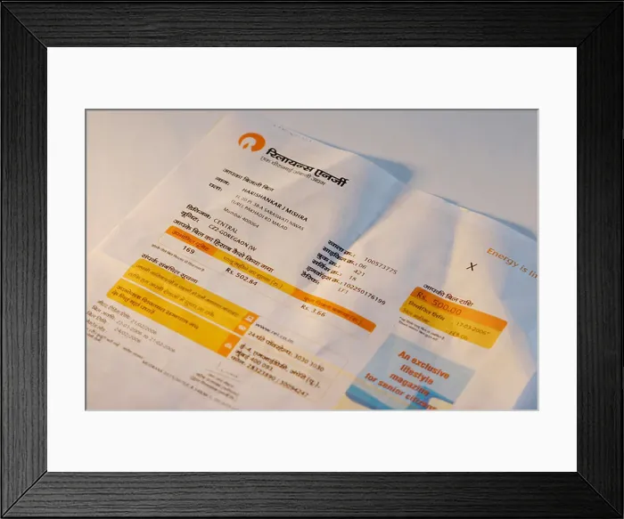 Framed Print : Payment slip of Electric bill of Reliance energy Urban living bar code Bombay now Mumbai Maharashtra India Framed Print : Payment slip of Electric bill of Reliance energy Urban living bar code Bombay now Mumbai Maharashtra India