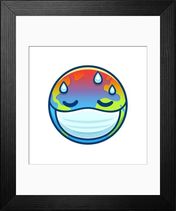 Framed Print : Sick Earth in face mask having fever with drops of sweat Framed Print : Sick Earth in face mask having fever with drops of sweat