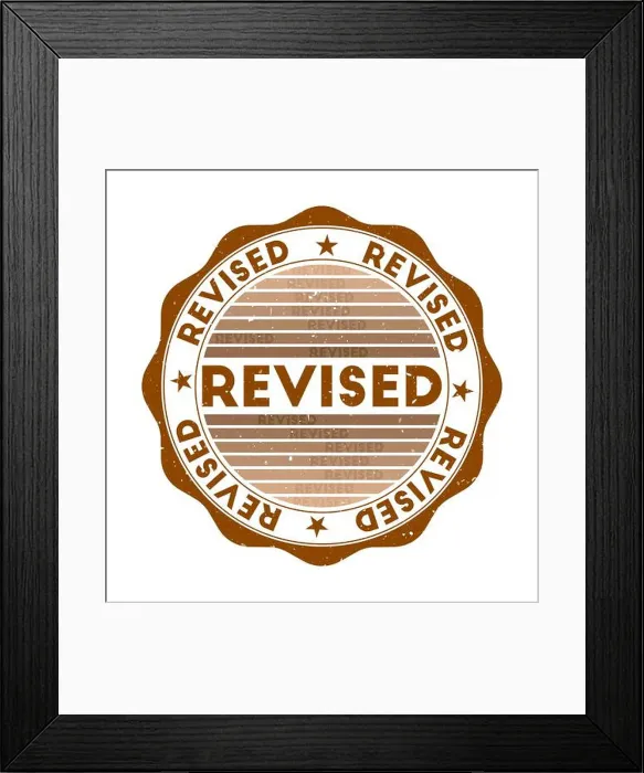 Framed Print : Revised badge. Grunge word round stamp with texture in Espresso Martini color theme Framed Print : Revised badge. Grunge word round stamp with texture in Espresso Martini color theme