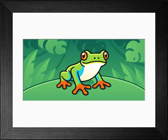 Framed Print : Red-Eyed Tree Frog, cute cartoon illustration of Central American rainforest frog in the wild Framed Print : Red-Eyed Tree Frog, cute cartoon illustration of Central American rainforest frog in the wild
