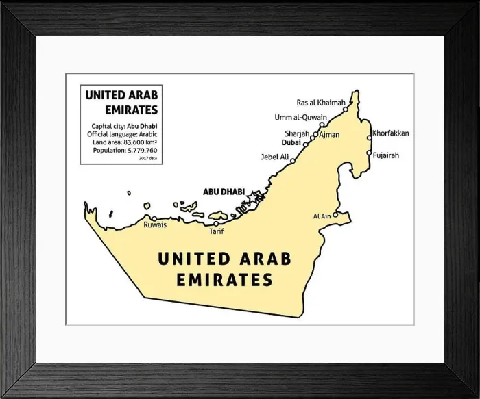 Framed Print : United Arab Emirates (UAE) map. Outline vector country map with main cities and data table Framed Print : United Arab Emirates (UAE) map. Outline vector country map with main cities and data table