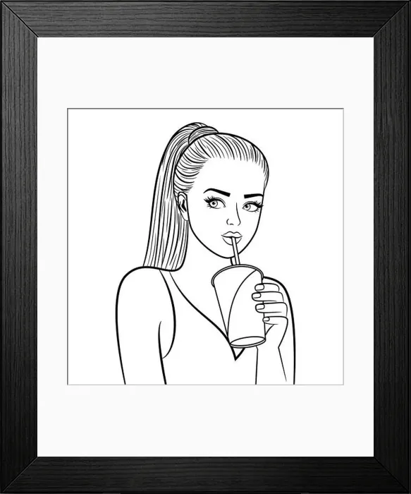 Framed Print : Black and white pretty girl with paper cup. Flirting pretty young lady drinking coffee coloring page vector illustration Framed Print : Black and white pretty girl with paper cup. Flirting pretty young lady drinking coffee coloring page vector illustration