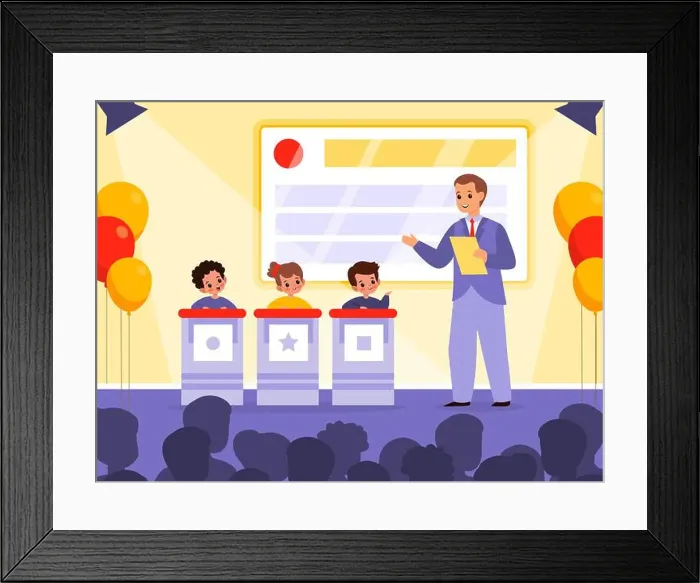 Framed Print : Kids quiz TV show. Intellectual game contest Framed Print : Kids quiz TV show. Intellectual game contest