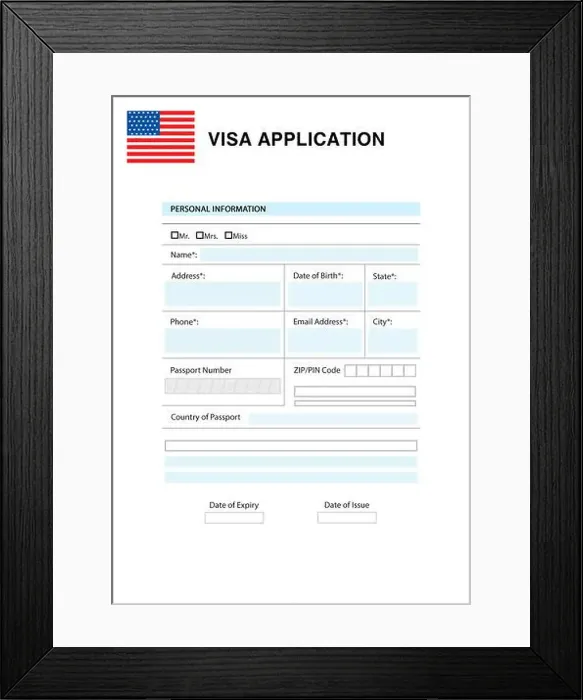 Framed Print : Immigration to USA. Blank application visa form Framed Print : Immigration to USA. Blank application visa form
