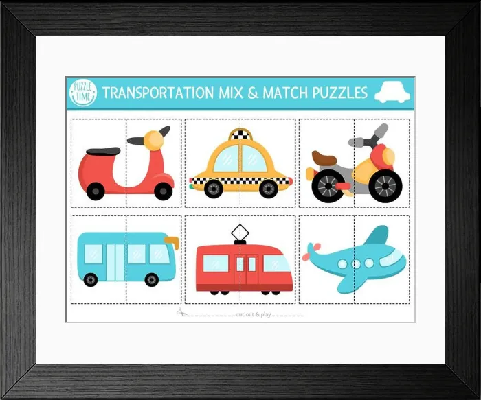 Framed Print : Vector transportation mix and match puzzle with cute scooter Framed Print : Vector transportation mix and match puzzle with cute scooter