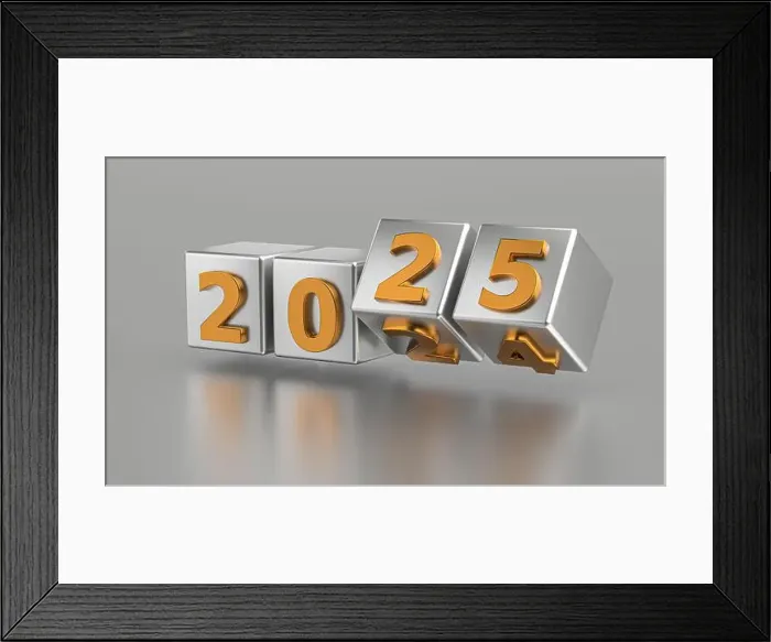 Framed Print : New year holiday concept. Cubes with number 2025 replace 2024. 3d illustration Framed Print : New year holiday concept. Cubes with number 2025 replace 2024. 3d illustration