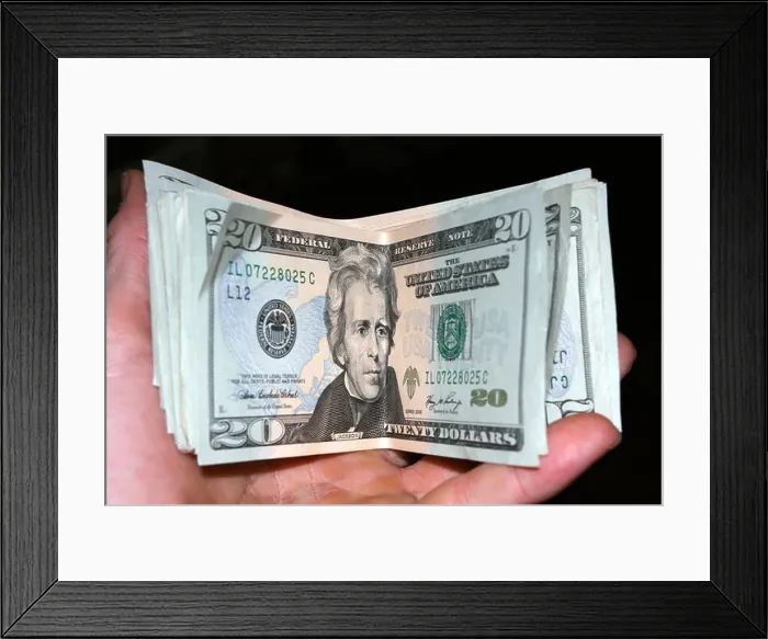 Framed Print : Hand holding USA twenty dollar bills on black Framed Print : Hand holding USA twenty dollar bills on black