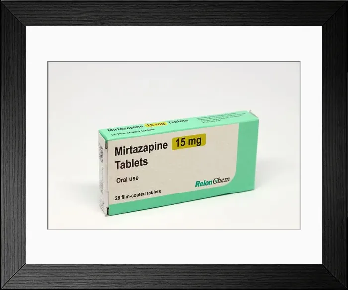 Framed Print : Photo of box of Mirtazapine 15mg tablets used to treat depression Framed Print : Photo of box of Mirtazapine 15mg tablets used to treat depression